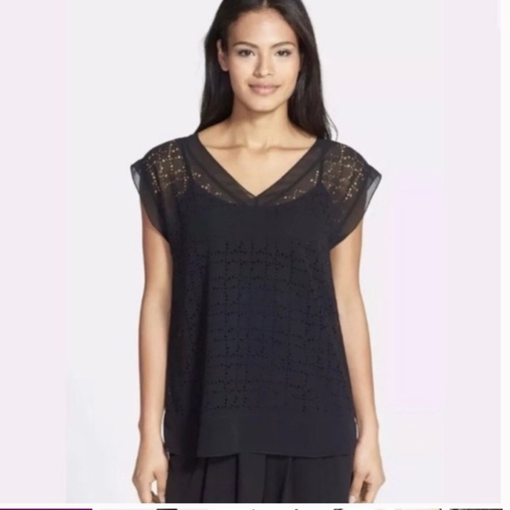 Eileen Fisher Black Sheer Laser Cut Recycled Polyester Chiffon Cap Sleeve